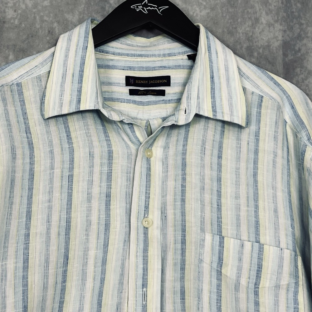 Henry Jacobson Men's XL 100% Linen Long Sleeve Blue Striped Shirt Light Cool - Picture 2 of 9